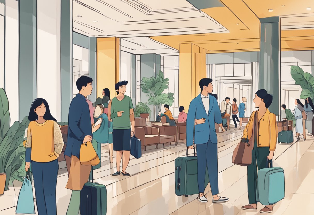 A bustling hotel lobby in Singapore with a sign reading "Frequently Asked Questions" and a group of people inquiring about affordable accommodations