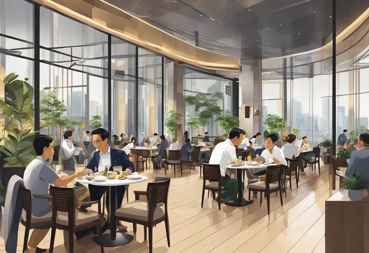 Wolfgang Puck Singapore's bustling restaurant with diners enjoying gourmet dishes and staff attending to their needs