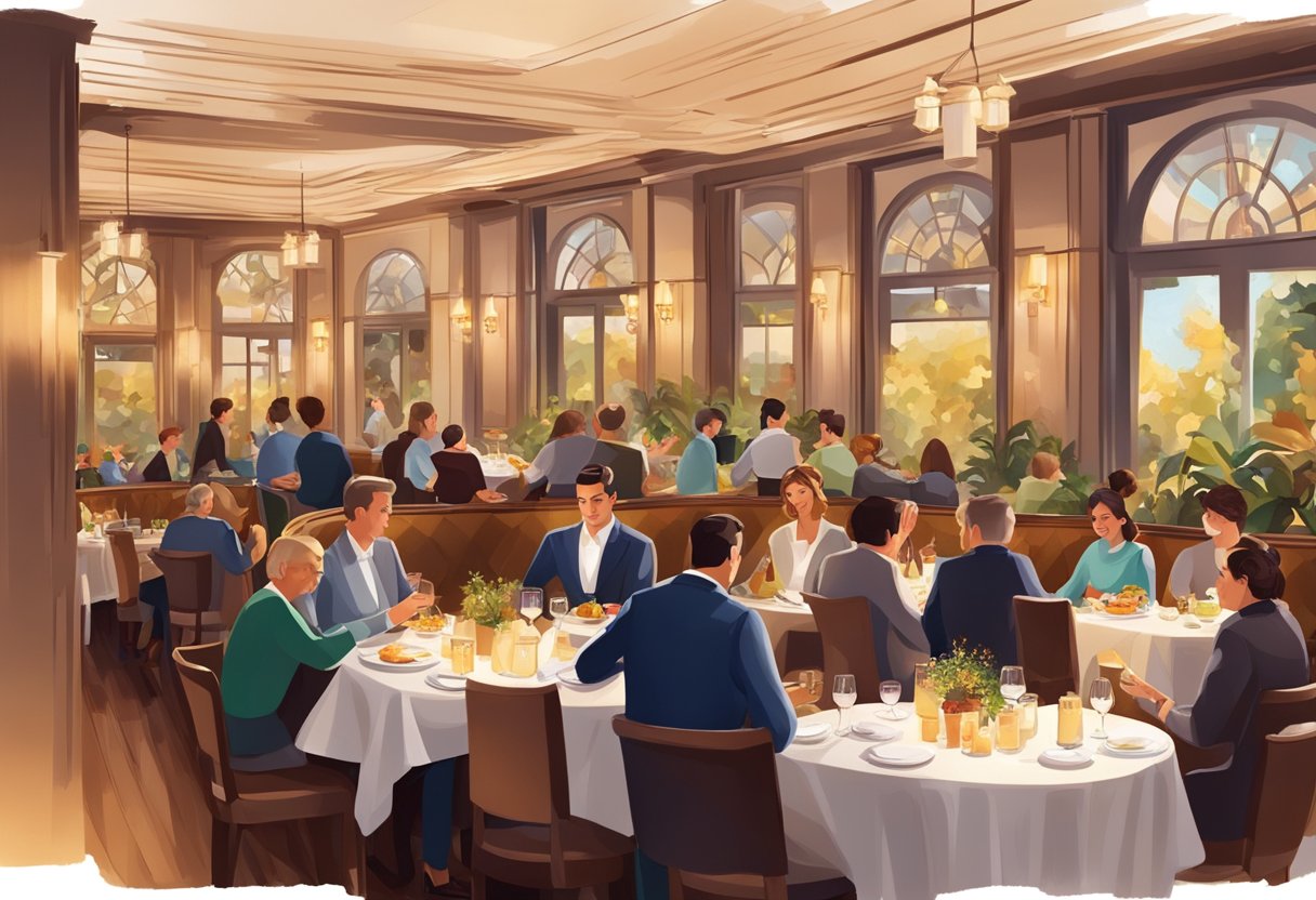 A bustling restaurant with warm lighting and elegant decor, filled with diners enjoying their meals and lively conversation