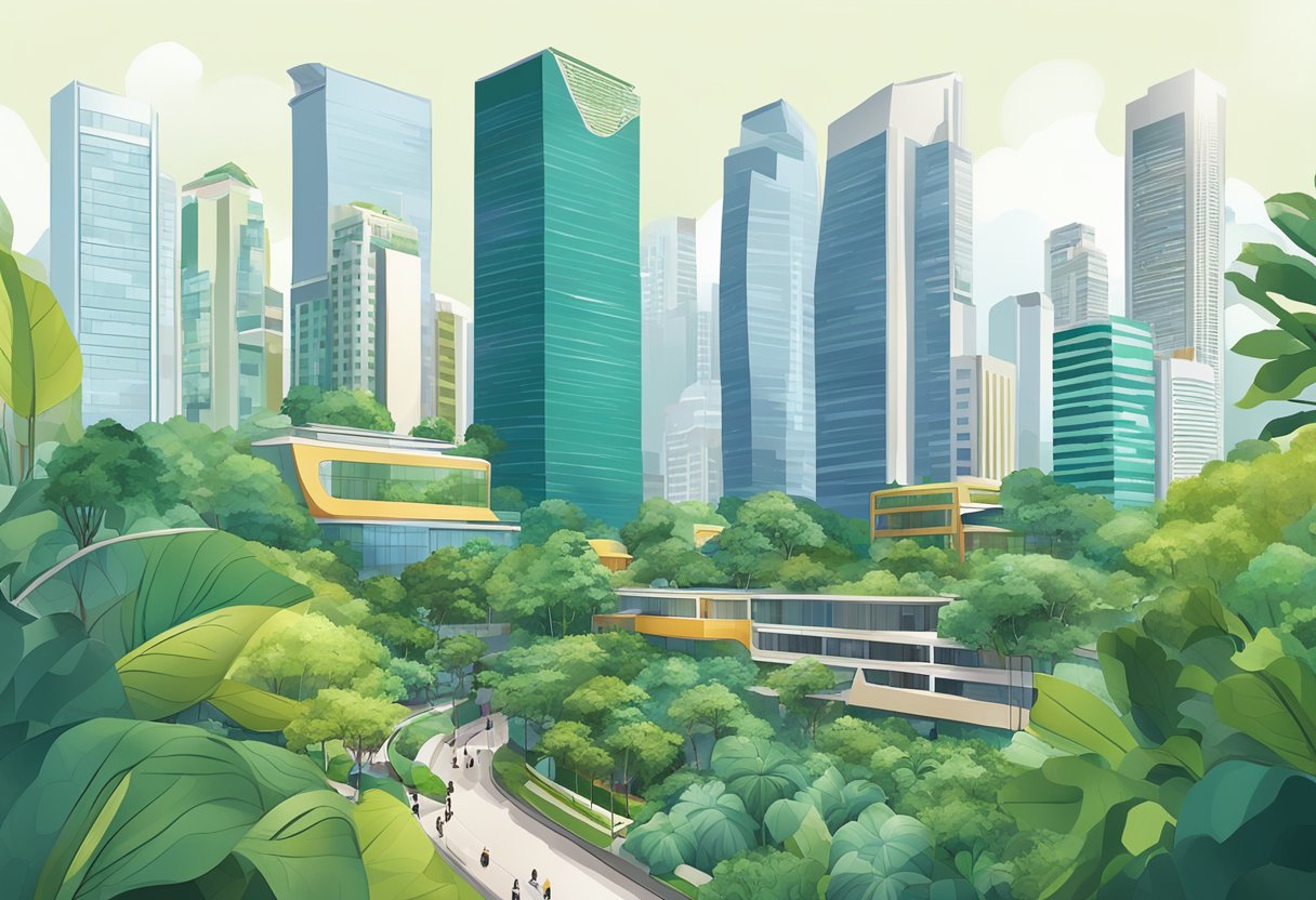 A bustling cityscape with modern skyscrapers and lush greenery, showcasing the iconic Paragon Singapore building