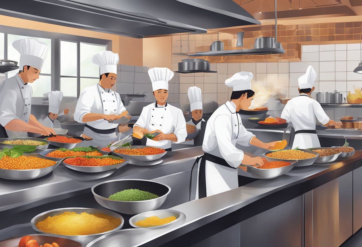A bustling kitchen with chefs preparing vibrant dishes at Culinary Delights Zafferano Singapore. Aromatic spices and colorful ingredients fill the air