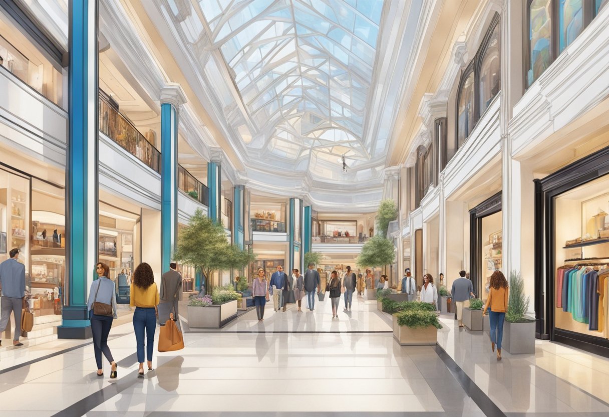 Shoppers browsing luxury boutiques at Paragon mall, surrounded by upscale retail displays and vibrant storefronts