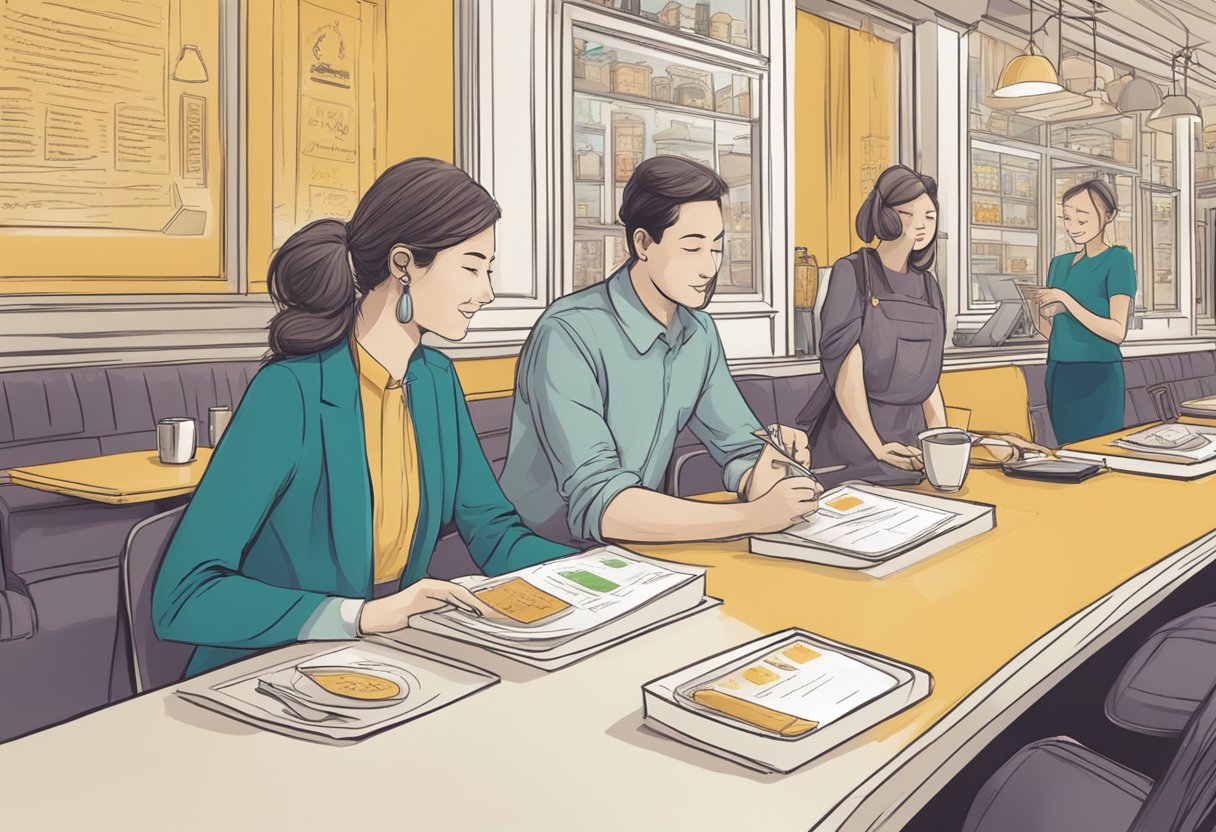 A table with a menu, a customer service representative, and a sign saying "Frequently Asked Questions" at Zafferano Singapore