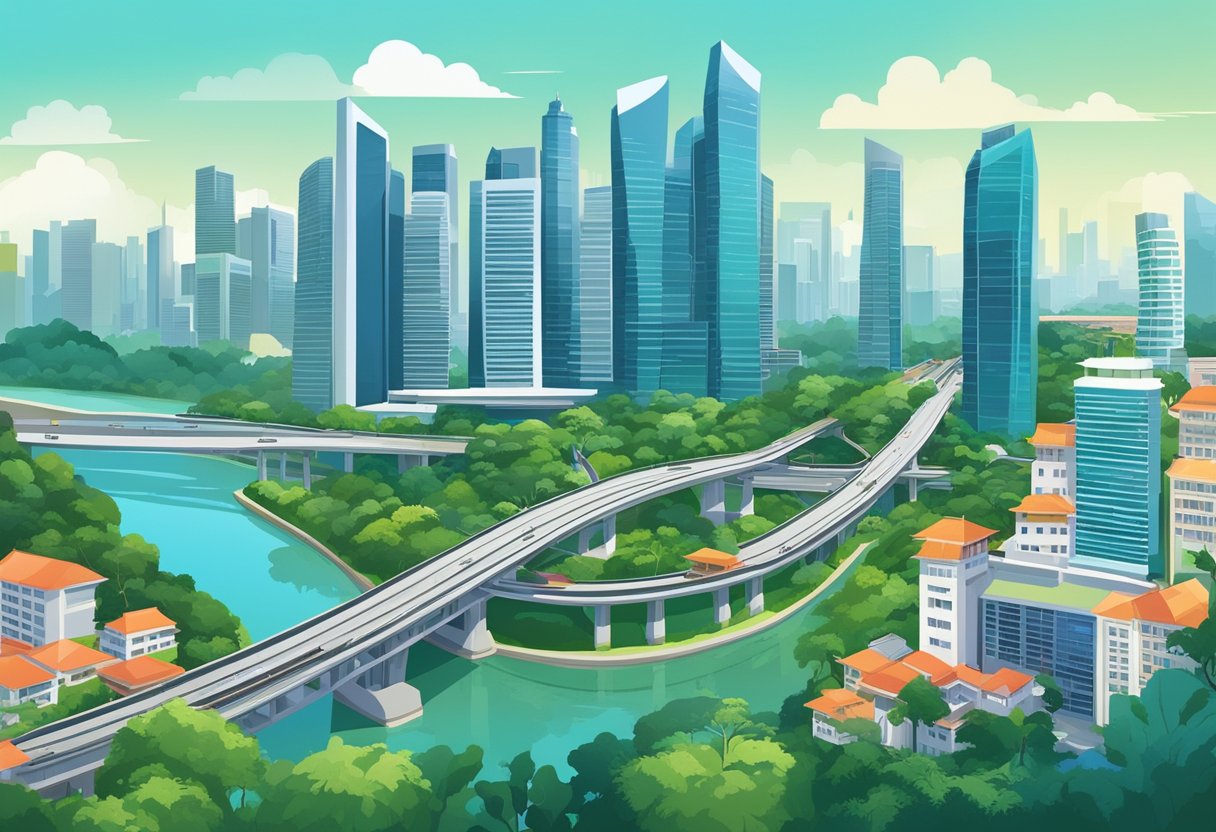 A bustling cityscape with modern skyscrapers, lush greenery, and a network of roads and bridges, showcasing the vibrant urban landscape of Singapore