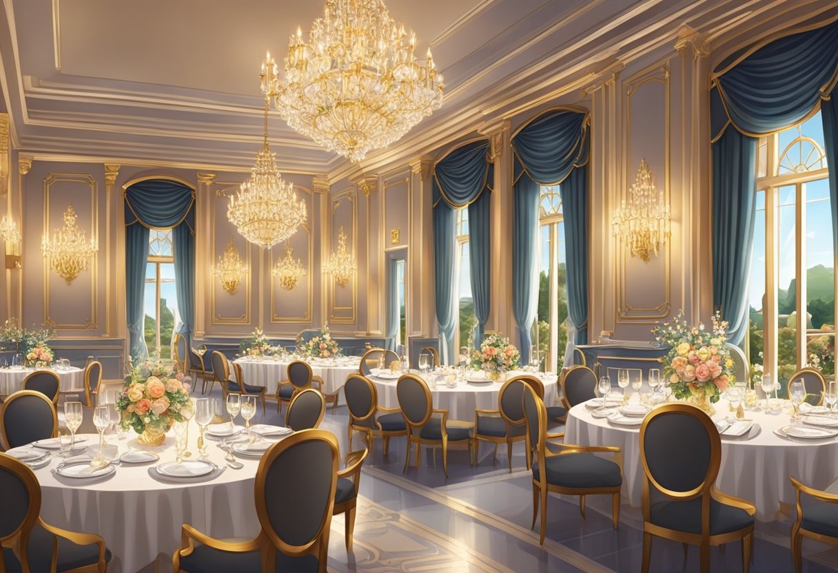 A grand dining hall with elegant decor, filled with tables adorned with fine china and sparkling glassware. The room is bathed in warm, soft lighting, creating a welcoming and luxurious atmosphere