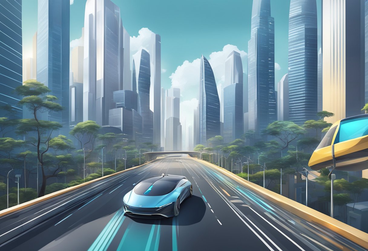 A sleek, autonomous vehicle navigates the futuristic cityscape of Singapore, passing through bustling streets and high-tech skyscrapers
