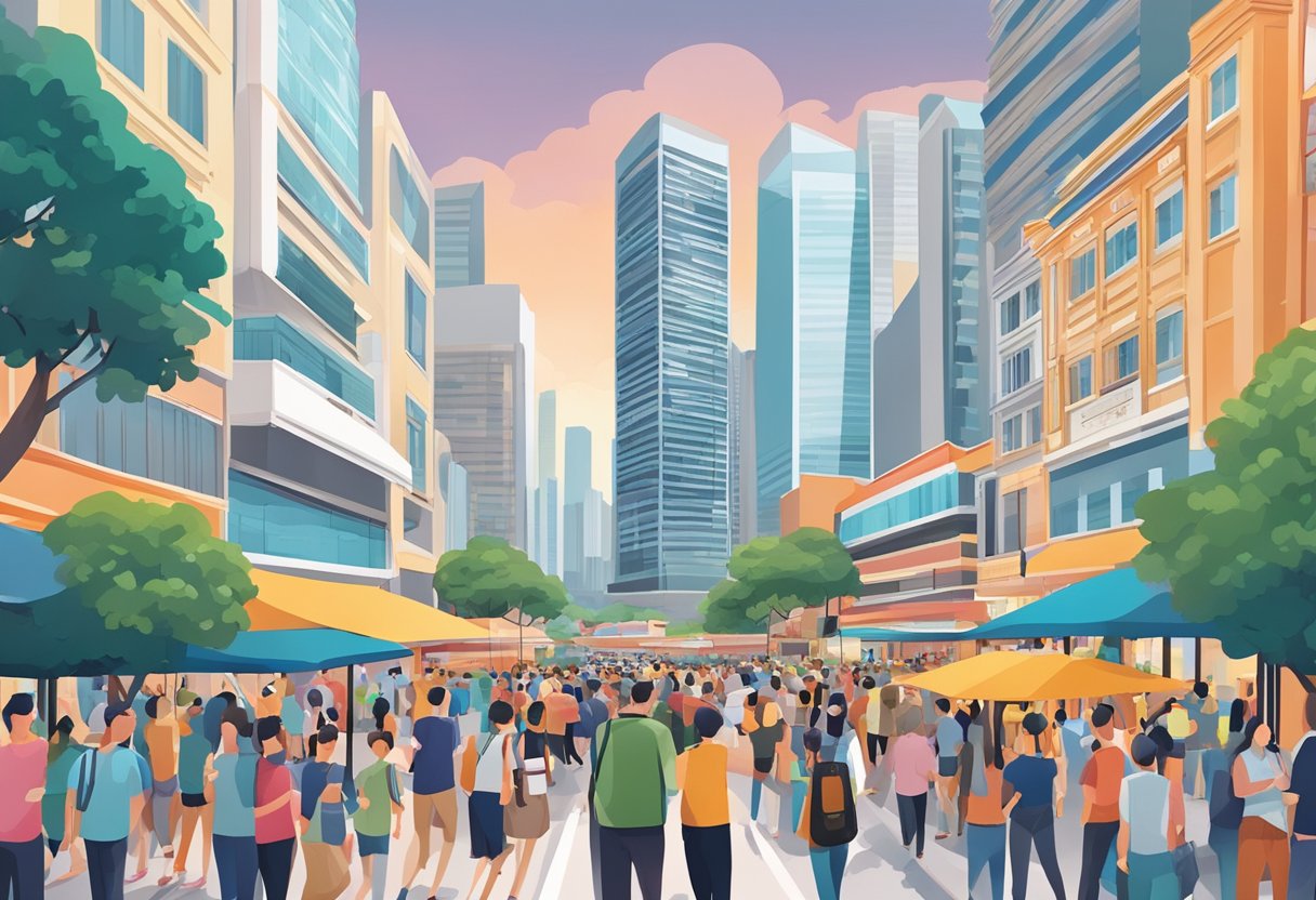 A bustling cityscape with the iconic Paragon Singapore building standing tall amidst a crowd of people and bustling traffic