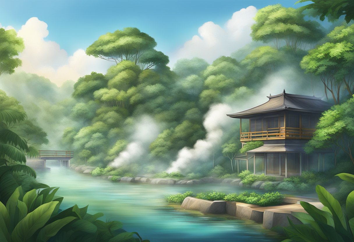Steam rises from the natural hot spring in Singapore, surrounded by lush greenery and tranquil surroundings