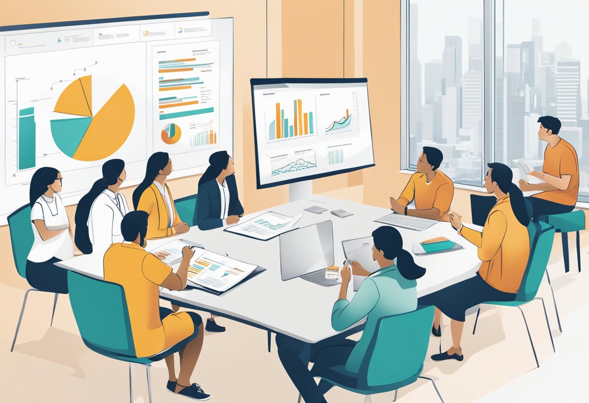 A group of people gathers around a table, discussing and brainstorming ideas. Charts and graphs are displayed, showcasing the impact and initiatives of PwC Singapore