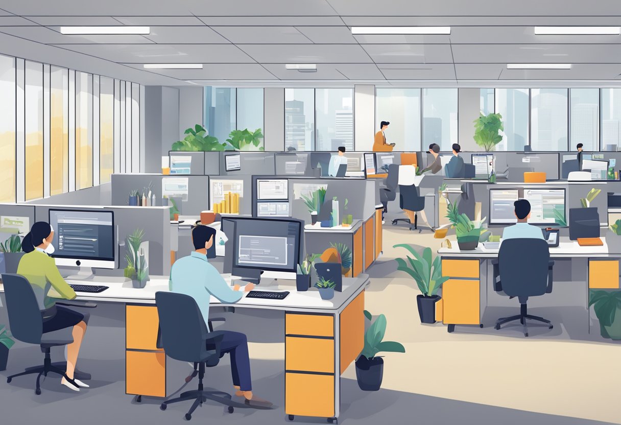 A bustling office with people at their desks, a sign reading "Frequently Asked Questions sdc singapore" on the wall, and a customer service representative assisting a client