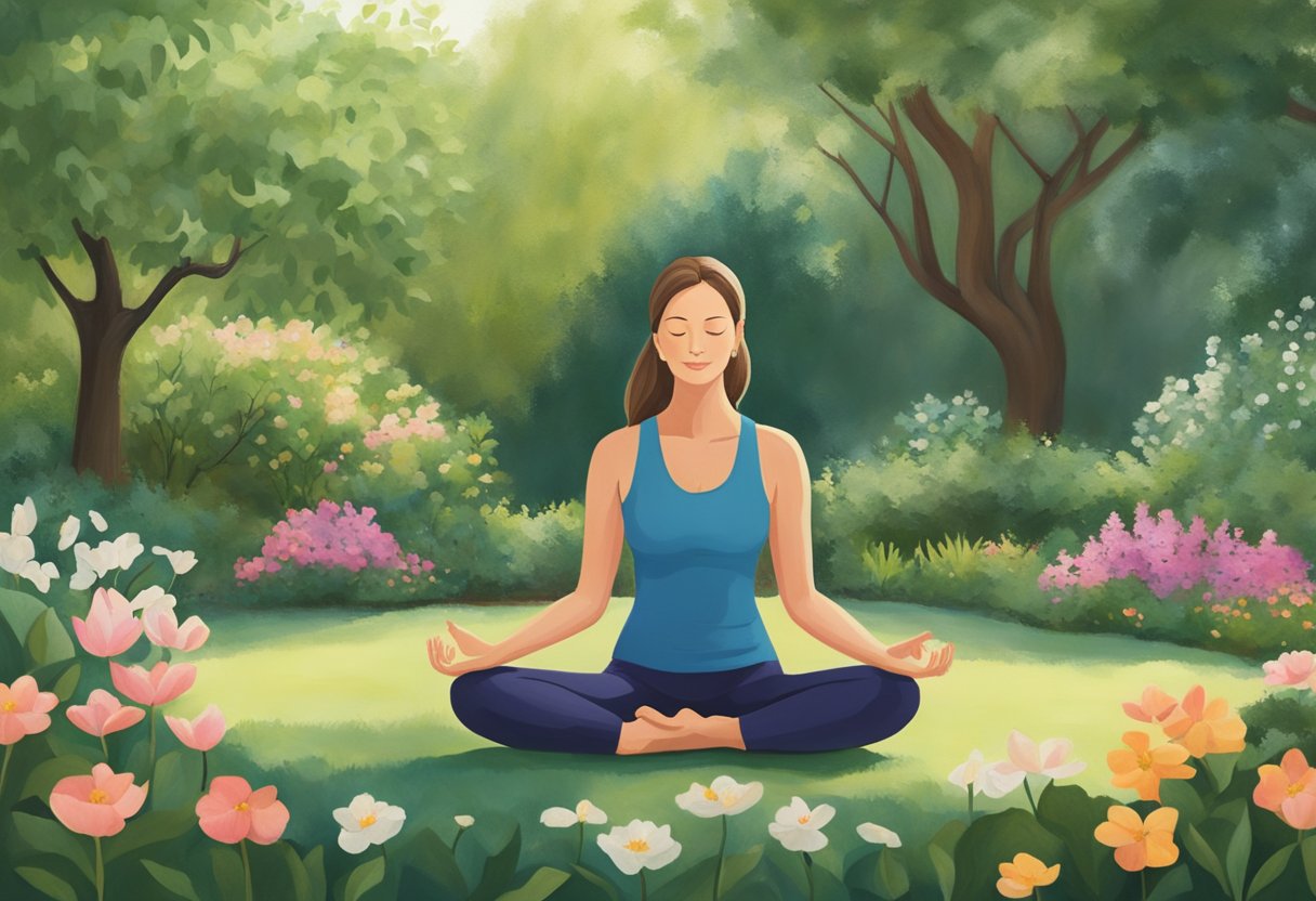 Barbara O'Neill practices yoga in a serene garden, surrounded by lush greenery and blooming flowers. She meditates under a peaceful tree, embracing a holistic approach to health