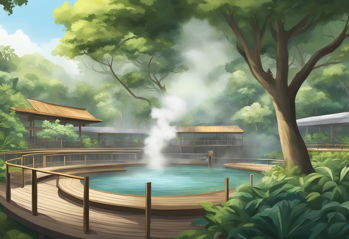 Steam rises from the natural hot spring pool, surrounded by lush greenery and wooden walkways. A serene atmosphere fills the air as visitors explore the unique geological feature at Sembawang Hot Spring Park in Singapore
