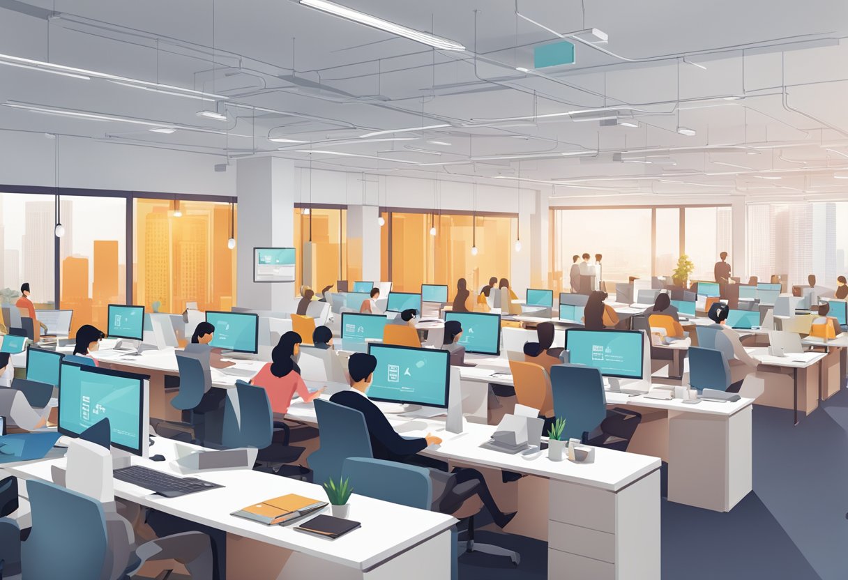 A busy office with people at desks, a large "Frequently Asked Questions" sign, and the PwC Singapore logo displayed prominently