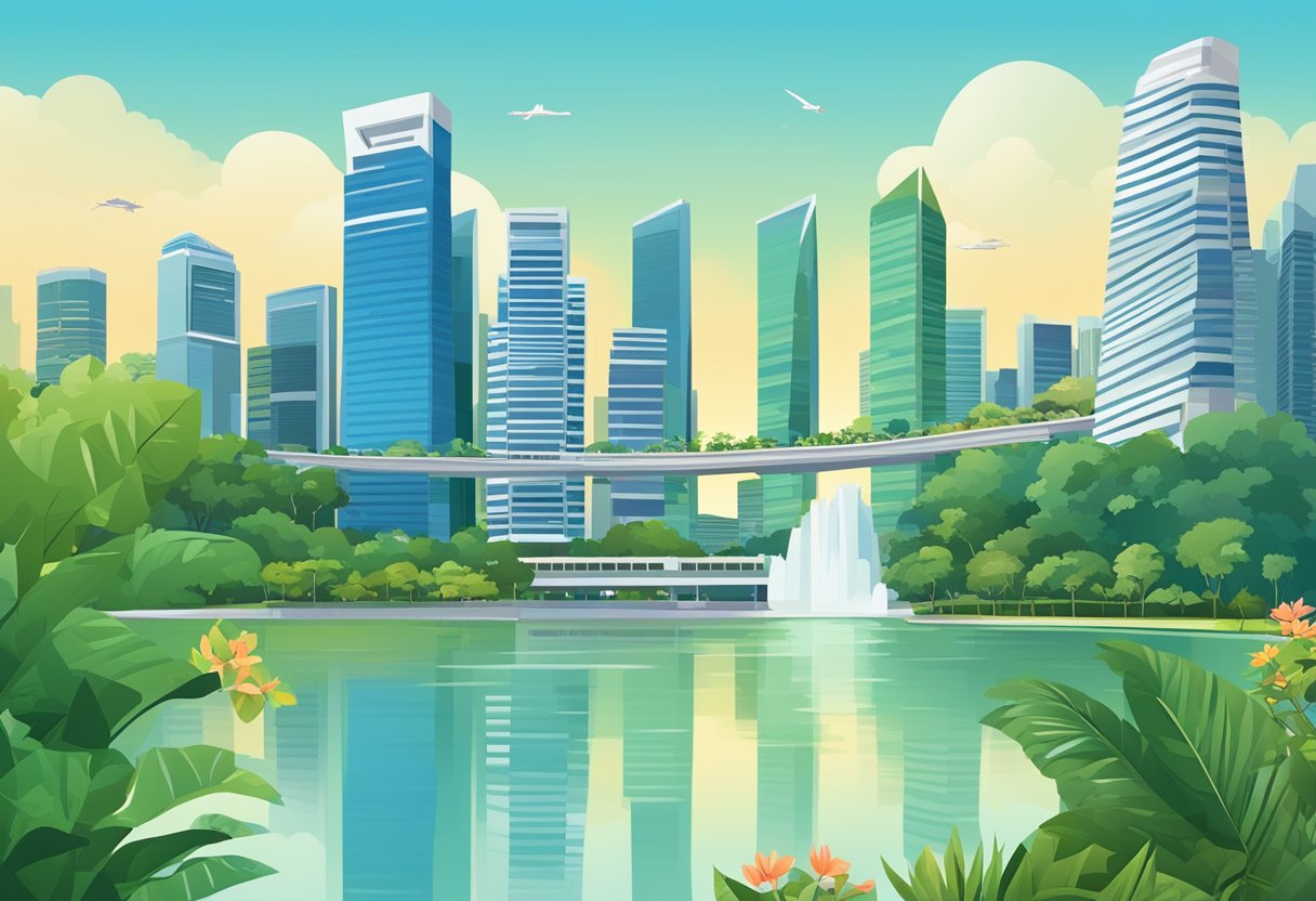A bustling cityscape of Singapore with iconic landmarks and modern skyscrapers against a backdrop of blue skies and lush greenery