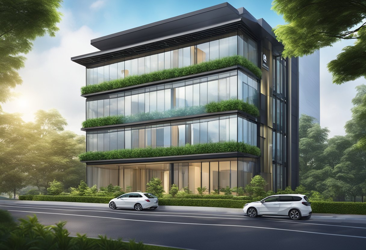A modern office building with the company logo displayed prominently on the exterior. The building is surrounded by lush greenery and has a sleek, professional design