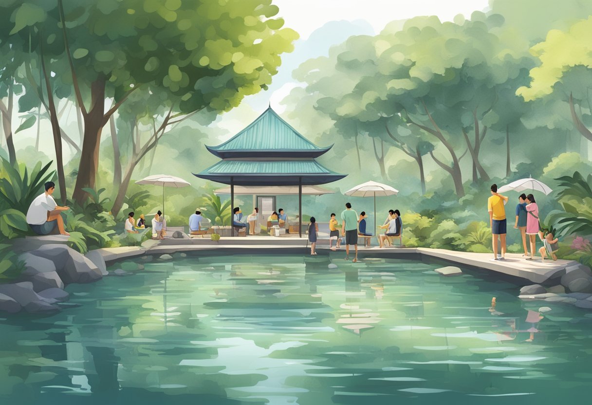 Visitors gather around a serene hot spring in Singapore, surrounded by lush greenery and modern facilities