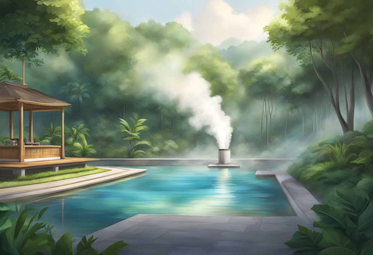 Steam rises from the natural hot spring pool in Singapore, surrounded by lush greenery and tranquil surroundings