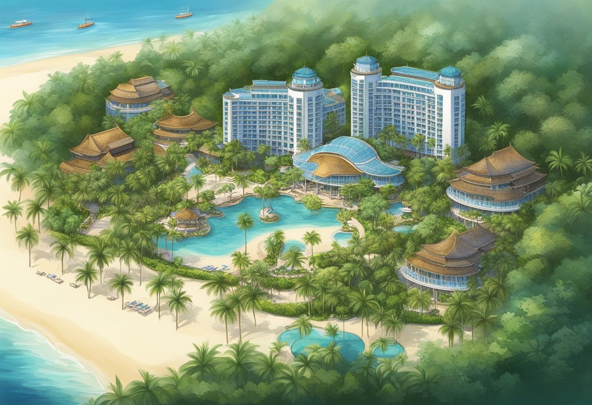 Shangri La Rasa Sentosa, Singapore: A lush tropical landscape with palm trees, a pristine beach, and a luxurious resort nestled against the sparkling blue ocean