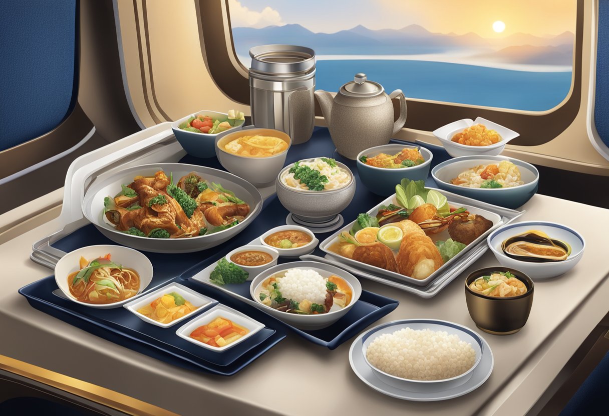 A table with a tray of Singapore Airlines meals, featuring a variety of Asian-inspired dishes and elegant plating