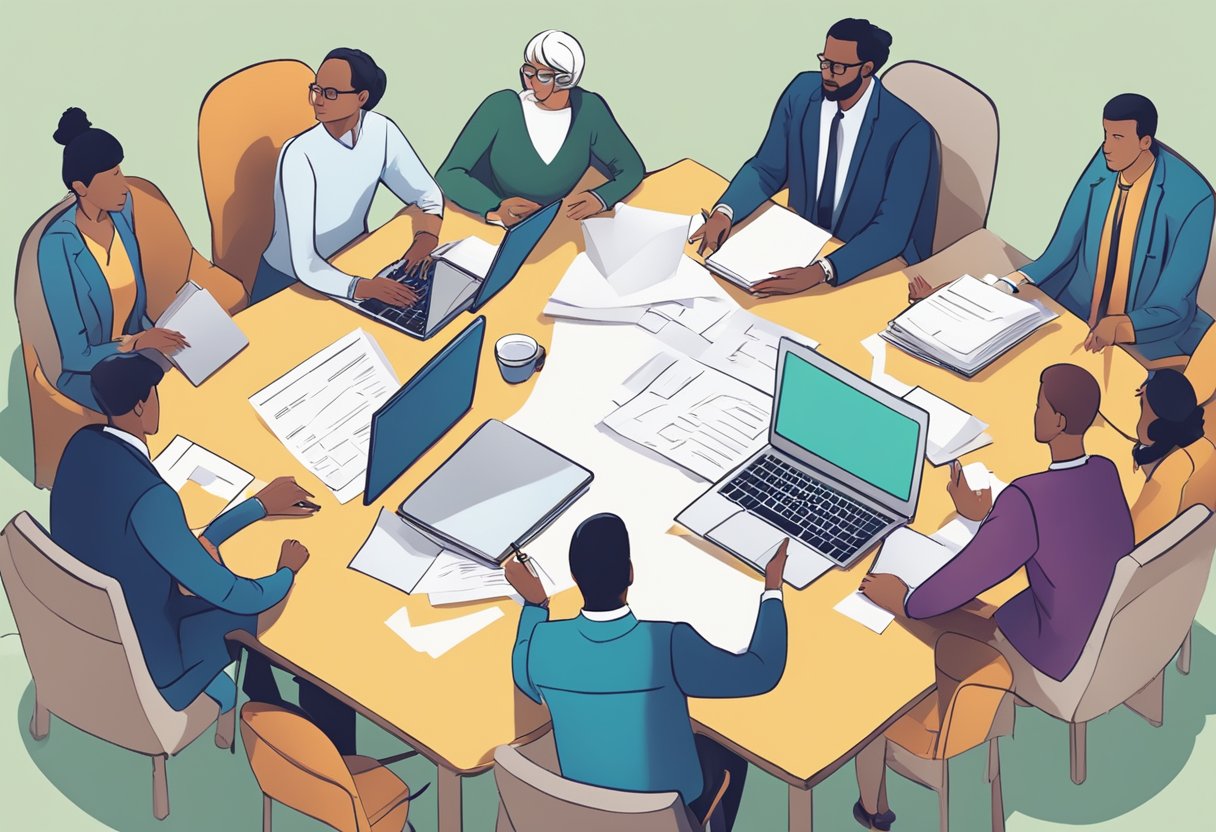A table with a laptop, pen, and paper, surrounded by a group of people with question marks above their heads
