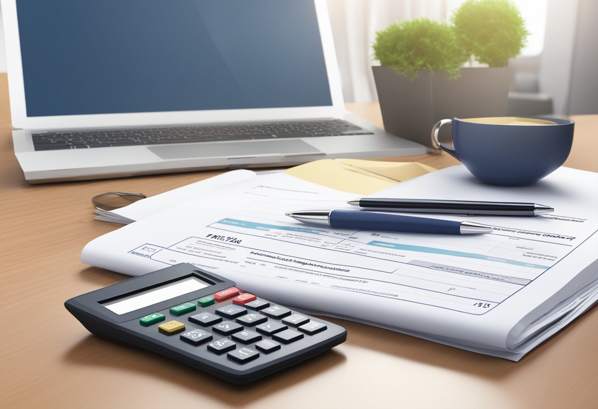 A stack of tax forms sits on a desk, with a calculator and pen. A laptop displays the Singapore tax website