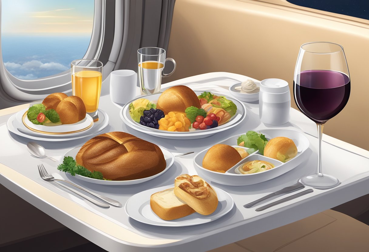 A tray with a neatly arranged main course, side dishes, and a dessert, accompanied by a glass of wine and a warm bread roll on a Singapore Airlines branded table setting