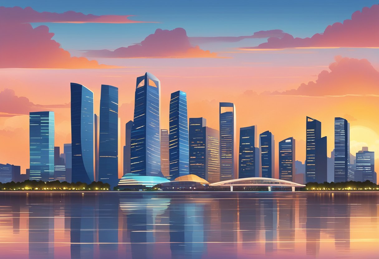 The iconic skyline of Bacera Singapore, with its modern skyscrapers and vibrant city lights, set against the backdrop of a beautiful sunset over the water