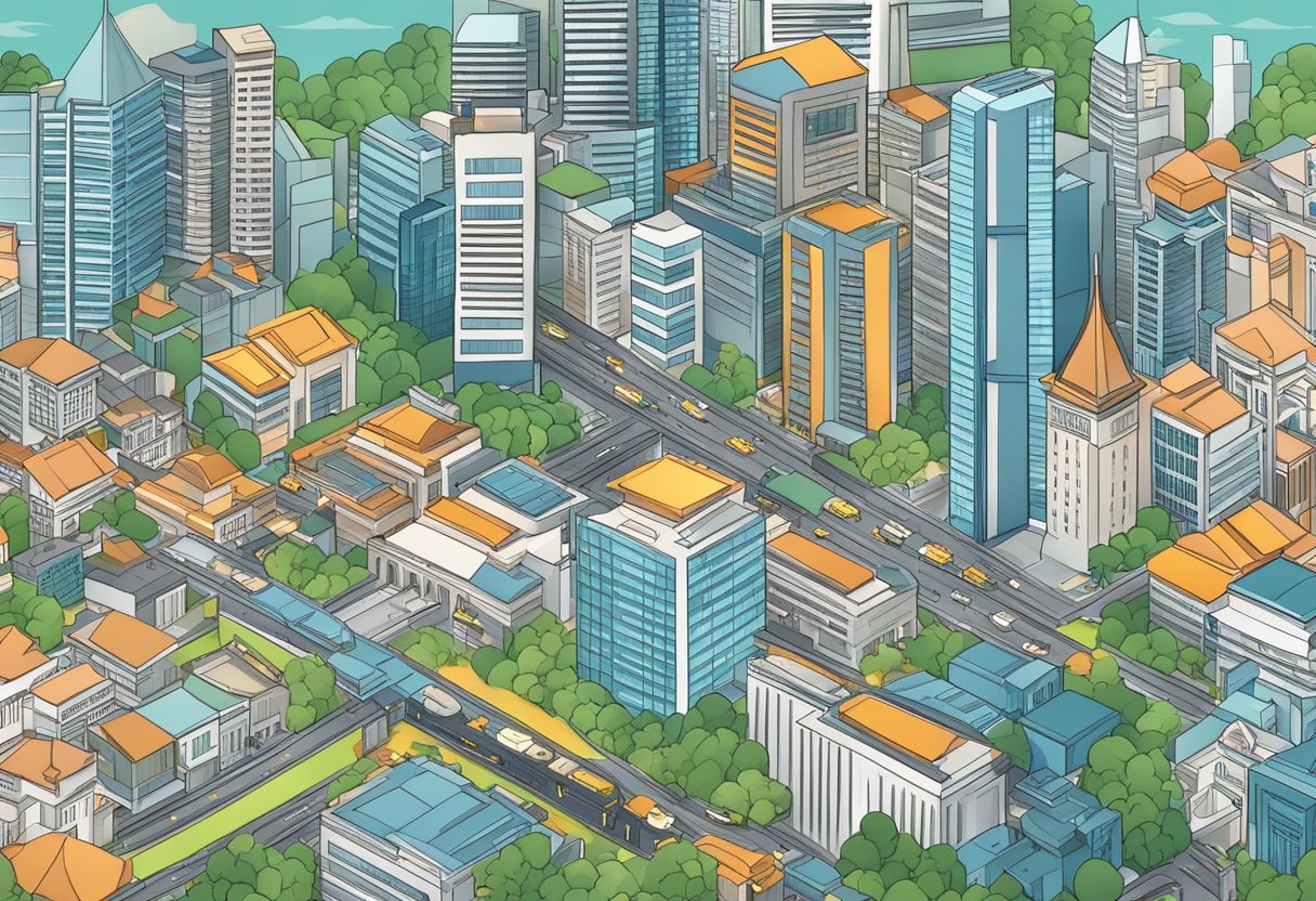 A busy cityscape with iconic Singapore landmarks, surrounded by financial institutions and government buildings, showcasing the complexity of the tax system
