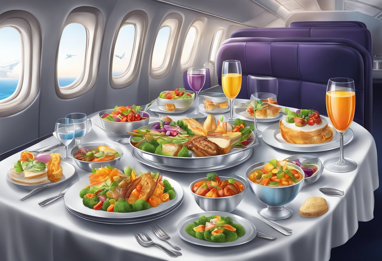 A table adorned with a colorful array of gourmet dishes, with elegant cutlery and glassware, set against the backdrop of a luxurious airplane cabin