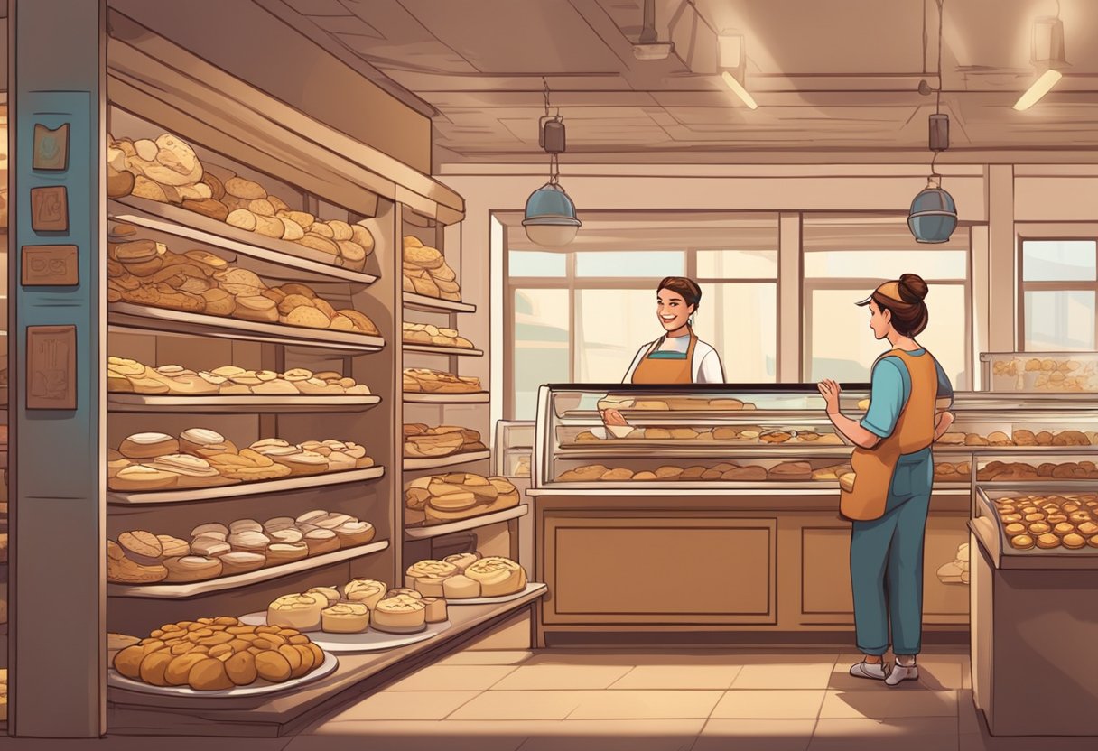 A warm, inviting bakery filled with the sweet aroma of freshly baked cookies. Shelves lined with rows of delicious treats, and a friendly staff member serving customers with a smile