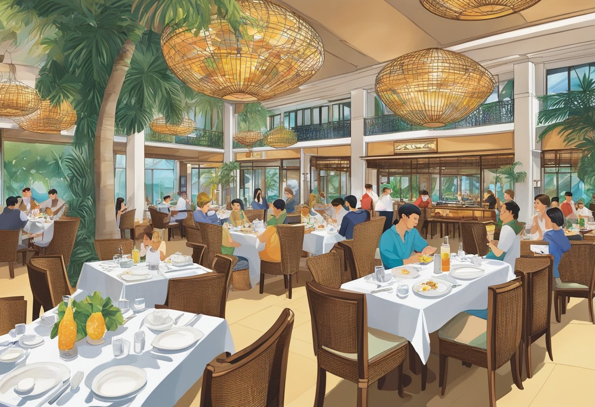 A vibrant dining and leisure scene at Shangri La Rasa Sentosa, Singapore. Tables filled with delicious food, people enjoying activities and entertainment