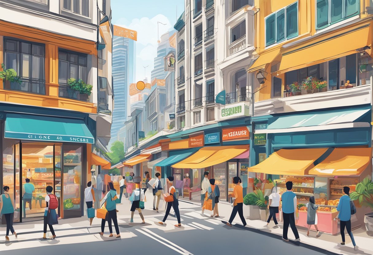 A bustling city street with storefronts displaying "Bacera Singapore" products and services. Pedestrians walk by, while a vibrant sign catches the eye