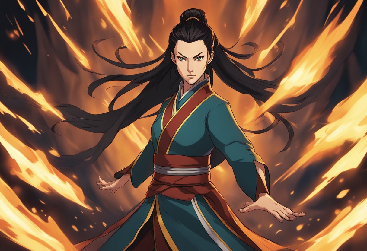 Azula's fierce gaze meets her opponents, fire crackling around her. She stands alone, surrounded by the chaos of battle