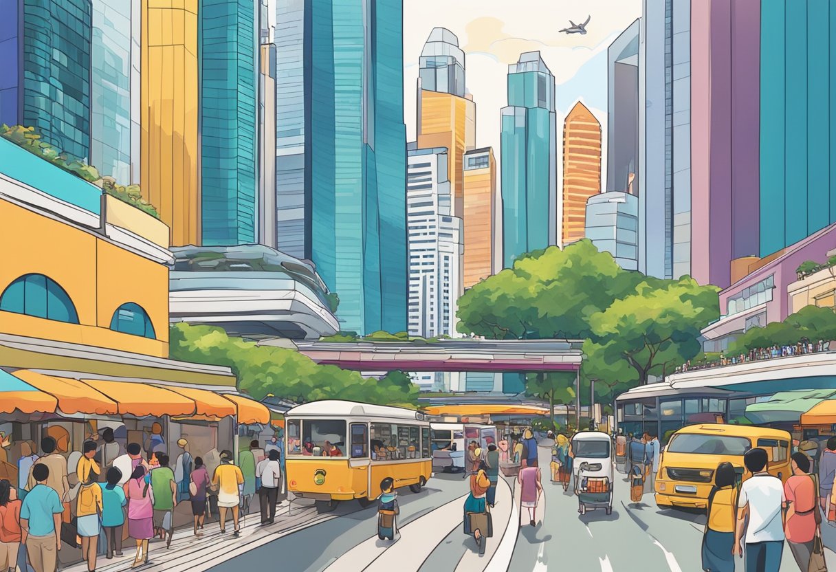 A bustling street in Singapore, with colorful buildings and busy traffic. Pedestrians and vendors fill the sidewalks, while the iconic Marina Bay Sands looms in the background