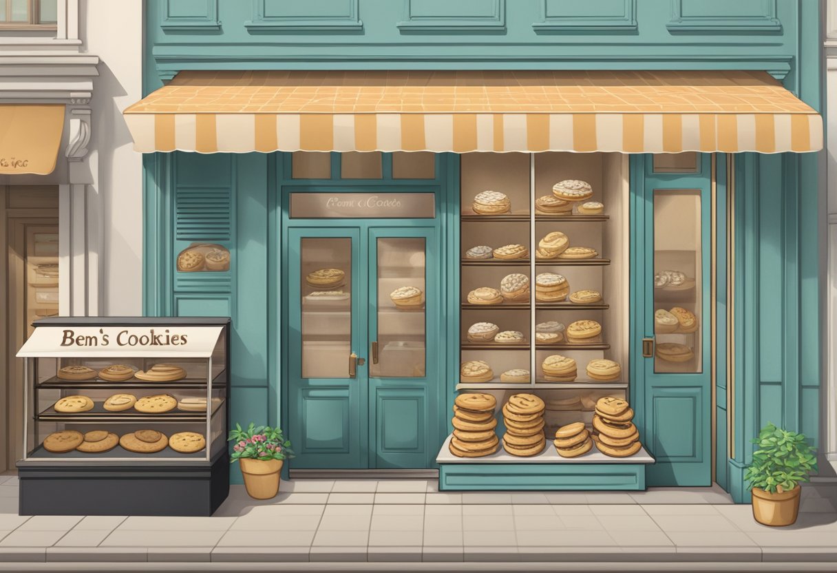 A vintage storefront in Singapore with a sign reading "Ben's Cookies" and a display of freshly baked cookies in the window