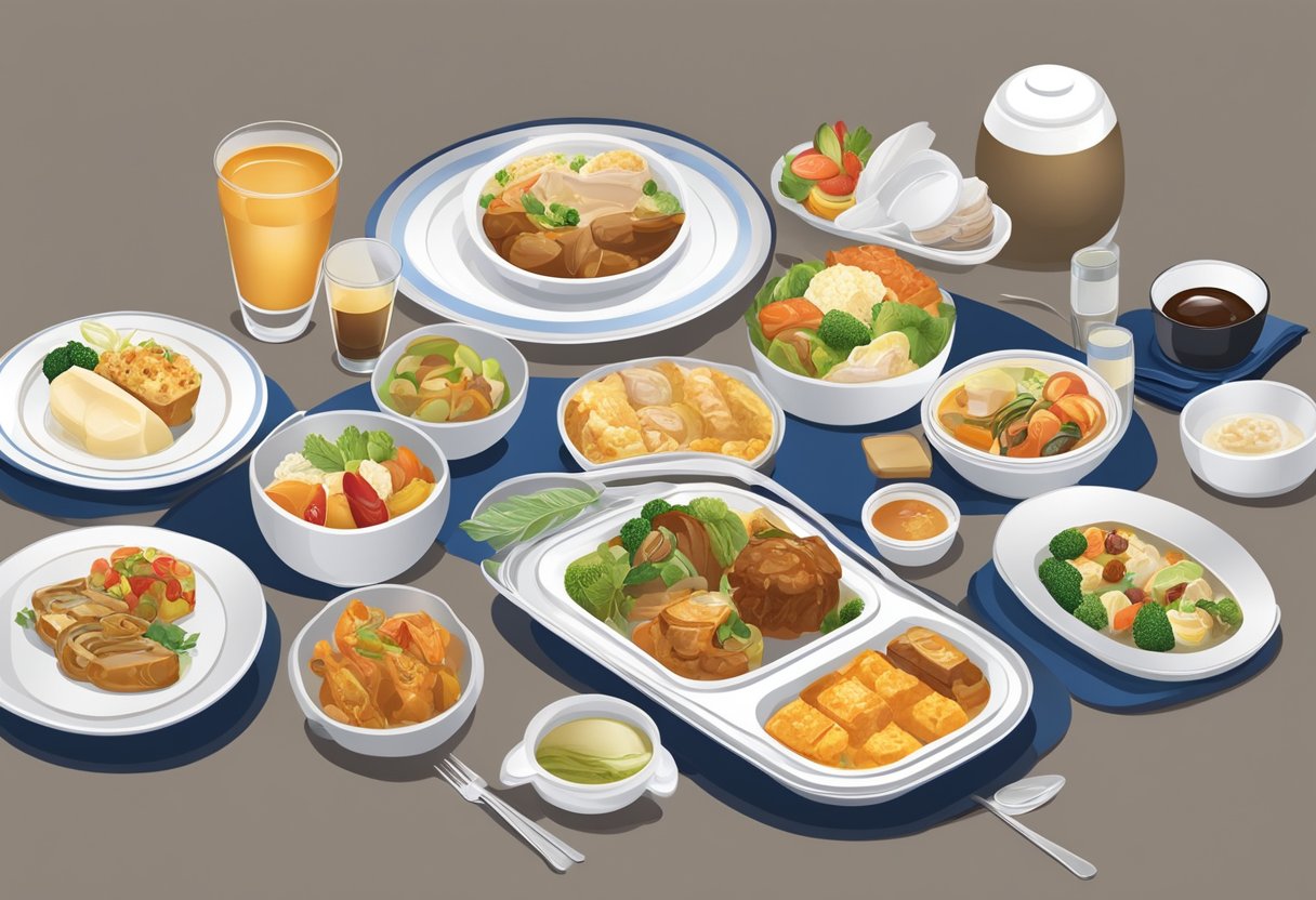 A table set with a variety of Singapore Airlines meals, including entrees, sides, and desserts, neatly arranged with elegant tableware