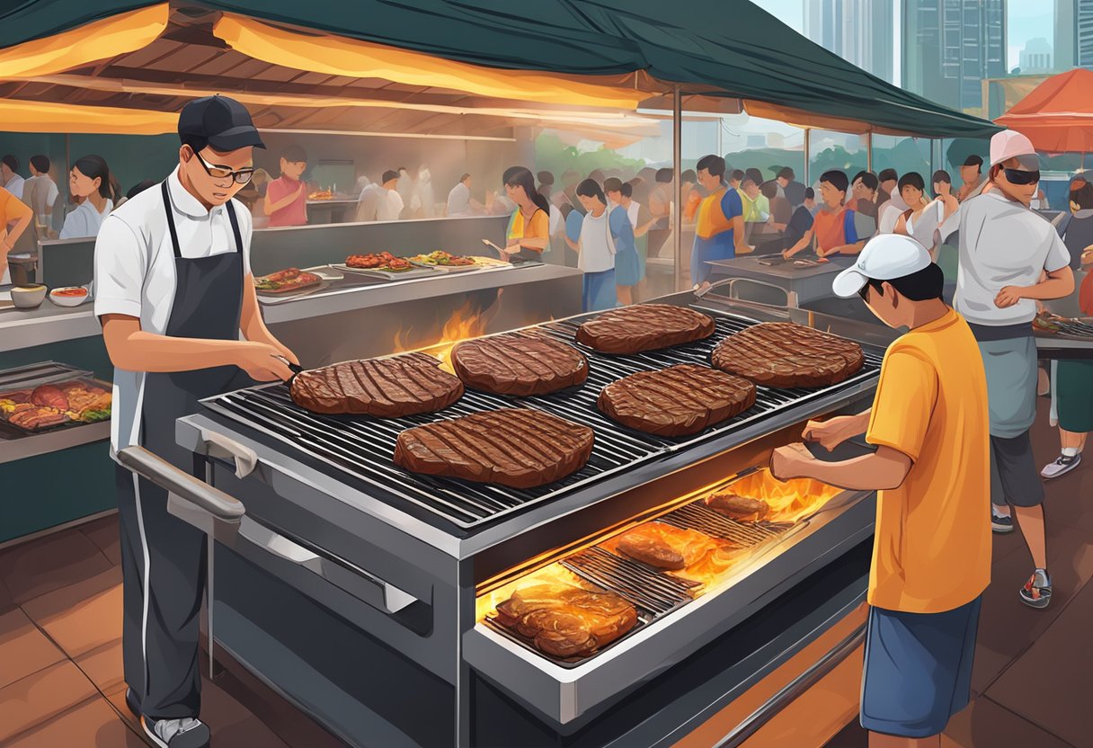 A sizzling steak on a hot grill with flames licking the edges, surrounded by a bustling hawker center in Singapore