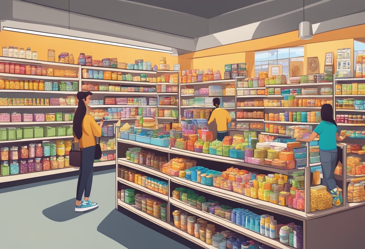 A bustling store with shelves filled with a variety of products, from snacks and drinks to souvenirs and cosmetics. Brightly lit and organized, with customers browsing and staff assisting
