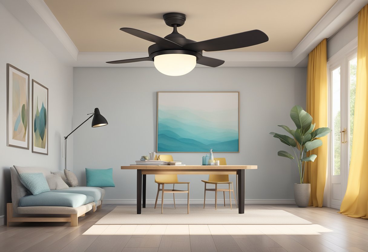 A ceiling fan with a light fixture hanging from the center, surrounded by a room with minimalist decor