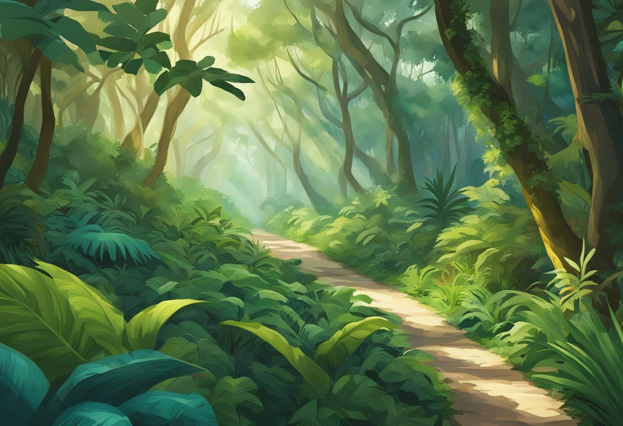 A lush jungle path winds through BSF Singapore, with vibrant foliage and exotic wildlife. The sun filters through the canopy, casting dappled light on the forest floor