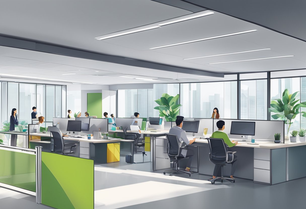 A bustling office with diverse employees collaborating in modern, open workspaces at BNP Paribas Singapore. The atmosphere is professional yet inclusive, with a focus on teamwork and innovation
