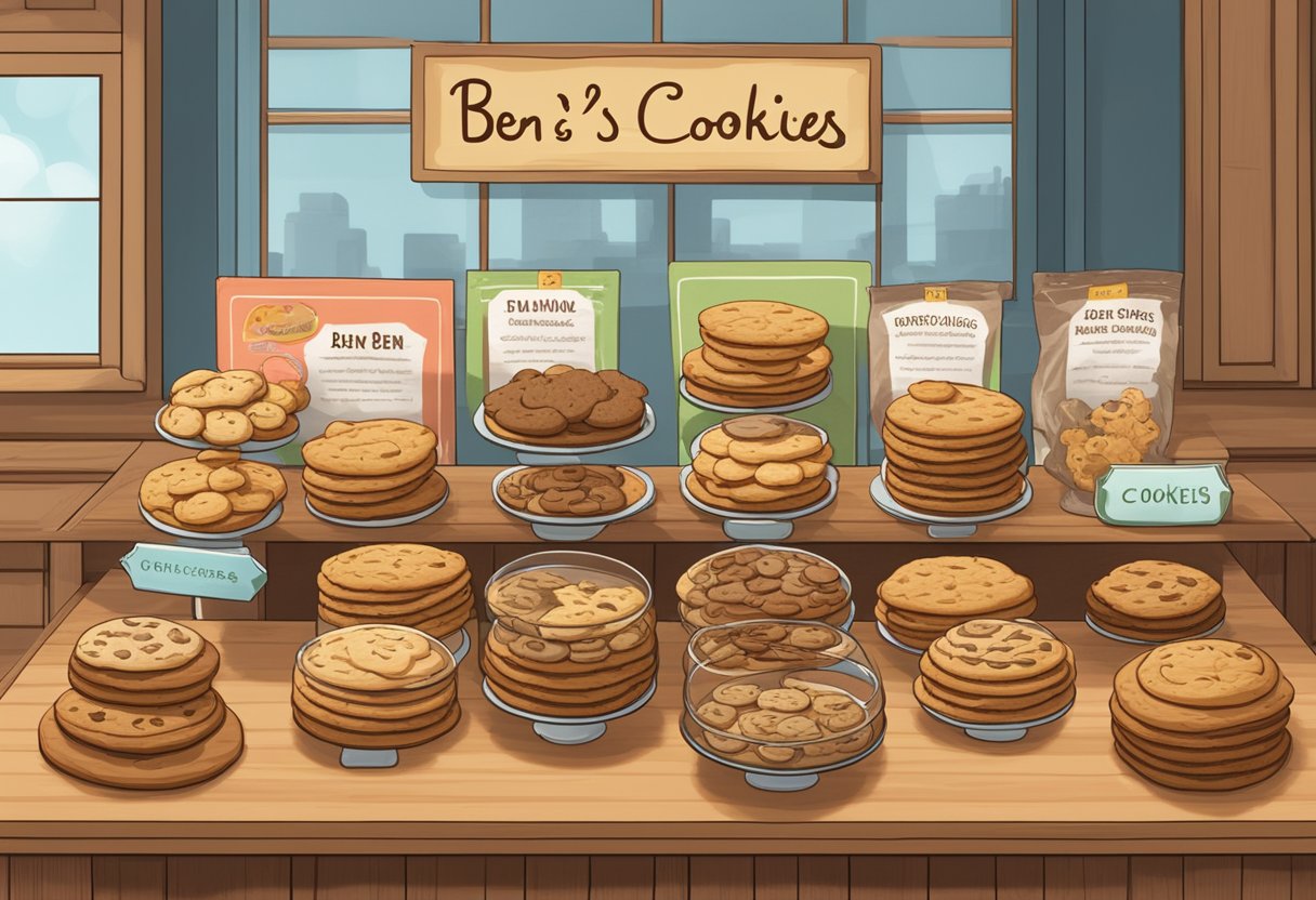 A display of freshly baked cookies in various flavors and sizes, arranged neatly on a wooden countertop with a sign indicating "Ben's Cookies Offerings."