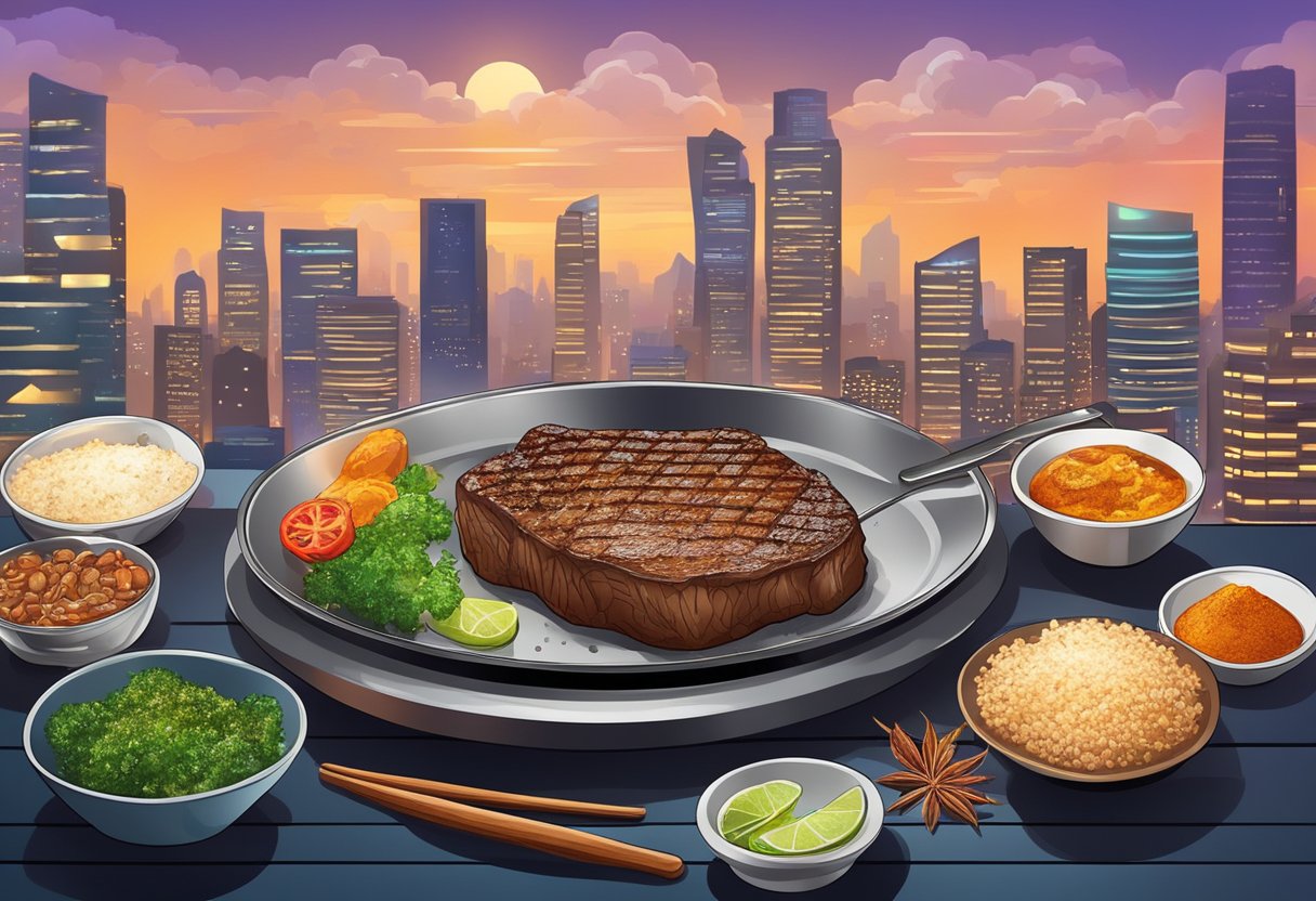A sizzling steak on a hot grill, surrounded by a variety of seasonings and spices, with the backdrop of a bustling and vibrant Singapore cityscape