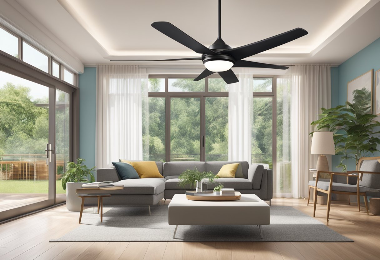 A modern ceiling fan with integrated lighting hangs from a high ceiling in a stylish living room, providing both comfort and illumination