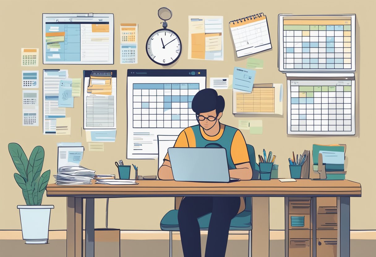 A person sitting at a desk with a laptop, calculator, and paperwork. A calendar on the wall shows the tax filing deadline. A receipt for payment is on the desk