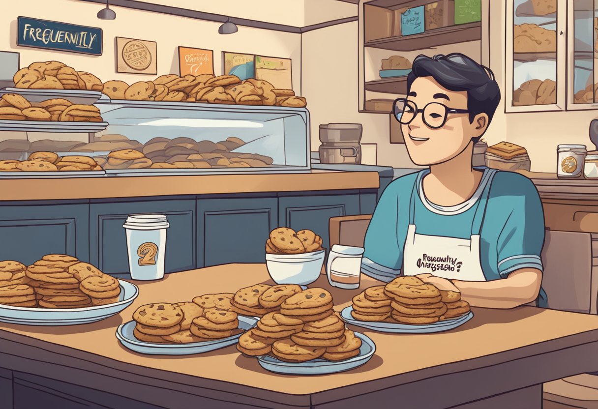 A table with a plate of Bens Cookies, a stack of napkins, and a sign saying "Frequently Asked Questions" in a cozy cookie shop in Singapore