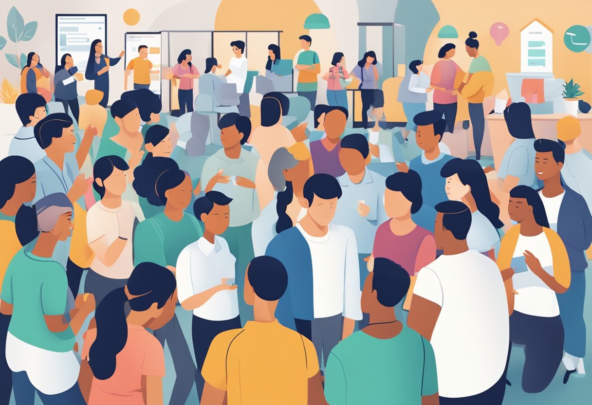 A diverse group of people gather around a central hub, engaging in discussions and activities, symbolizing the impact and community engagement of BSF Singapore