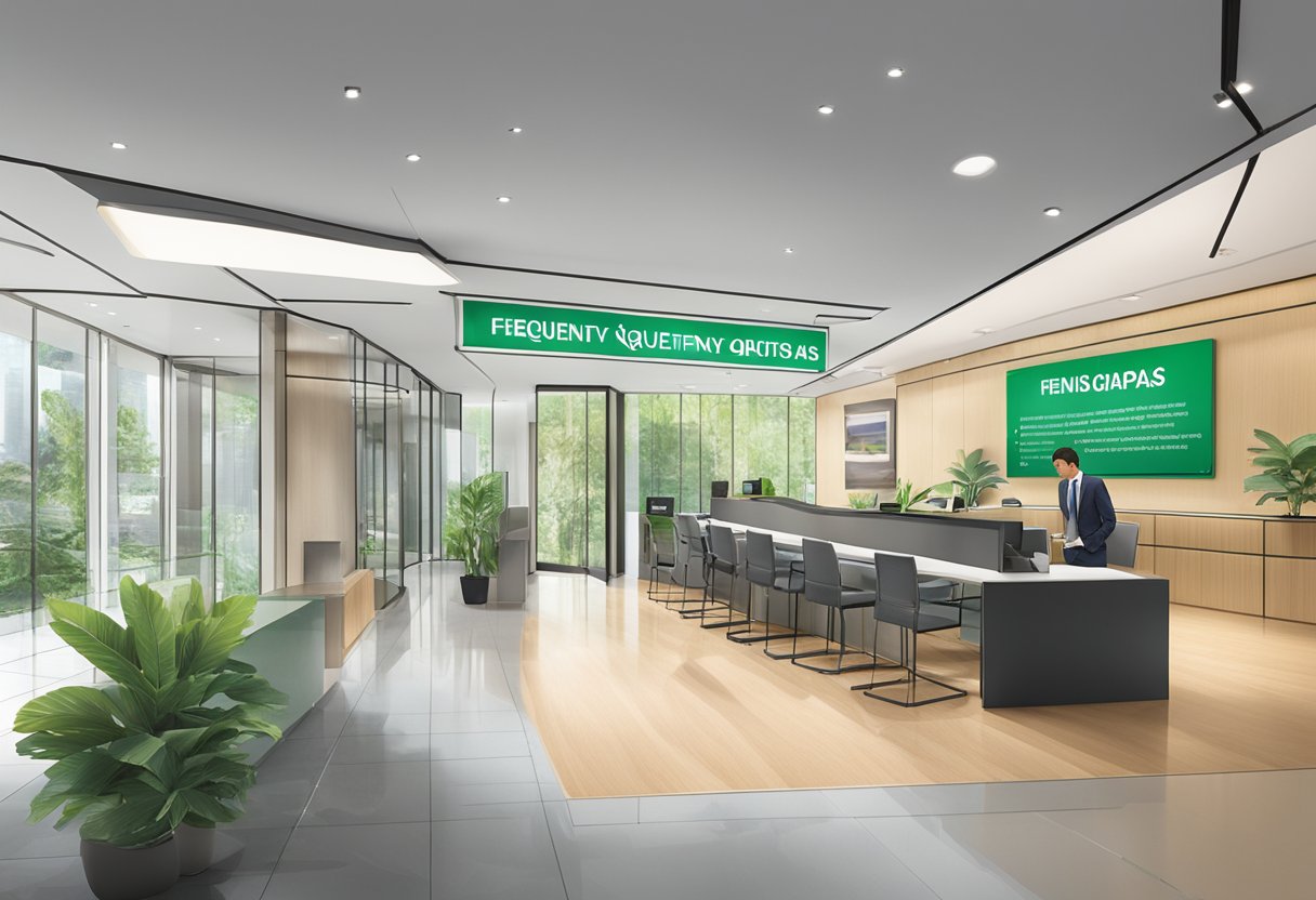 The BNP Paribas Singapore office with a prominent "Frequently Asked Questions" sign displayed in the reception area