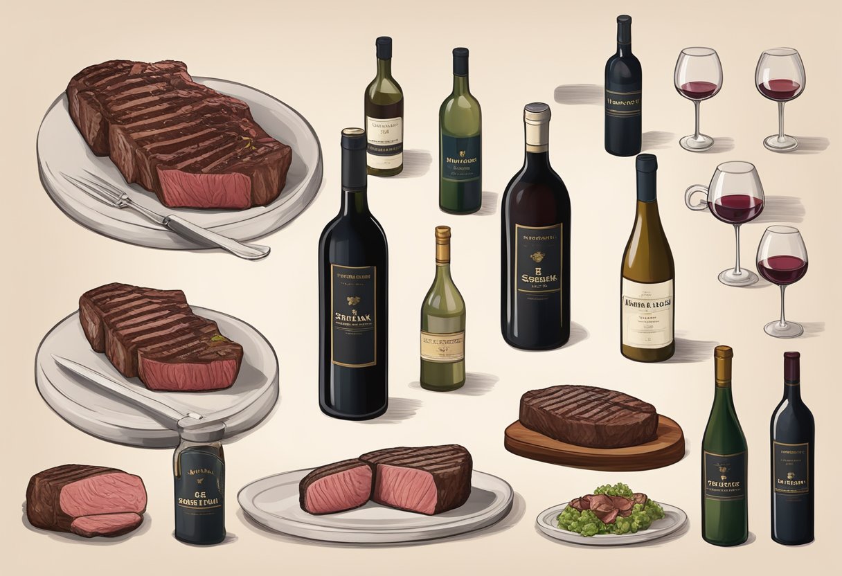 A display of various cuts of steak, labeled and arranged with wine bottles for pairing