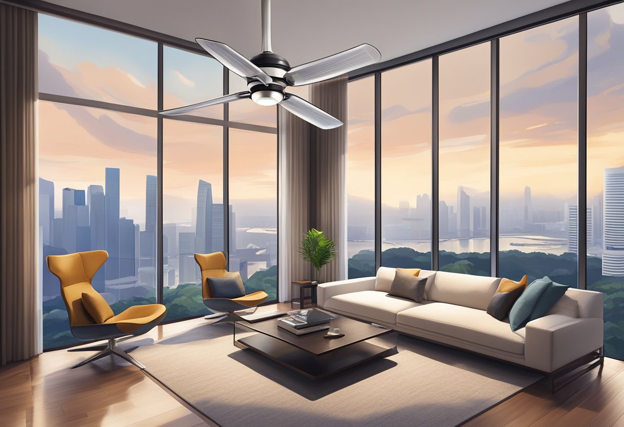 A modern living room with a sleek ceiling fan with integrated light fixture, set against a backdrop of a Singapore skyline through the window